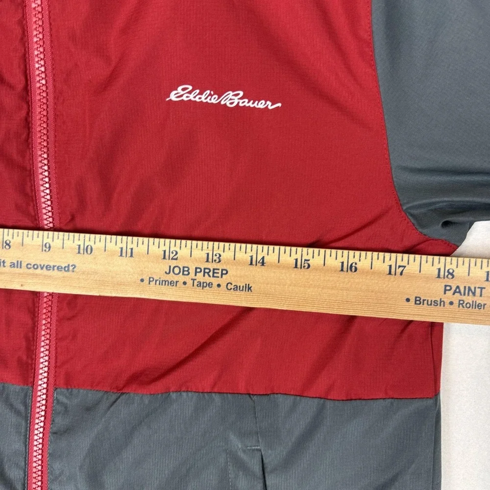 Eddie Bauer Jacket Kids 10/12 Red Gray‎ Hooded Windbreaker Zip Pockets Logo